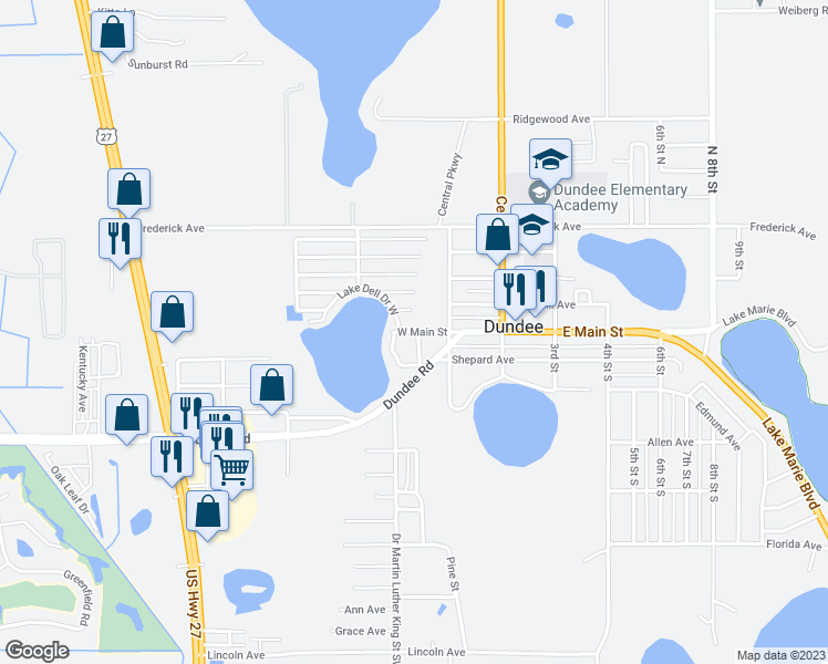 map of restaurants, bars, coffee shops, grocery stores, and more near 114 West Main Street in Dundee