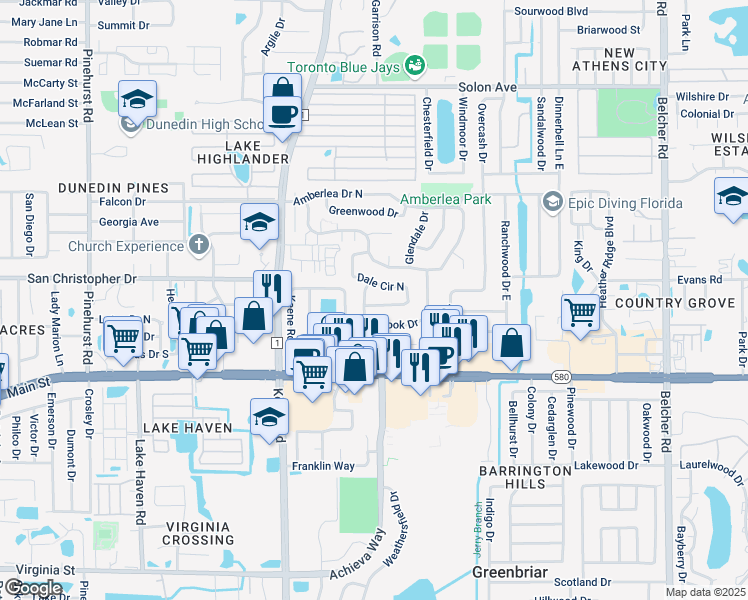 map of restaurants, bars, coffee shops, grocery stores, and more near 1163 Brook Drive in Dunedin