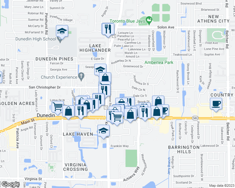 map of restaurants, bars, coffee shops, grocery stores, and more near 1249 Lazy Lake Road West in Dunedin