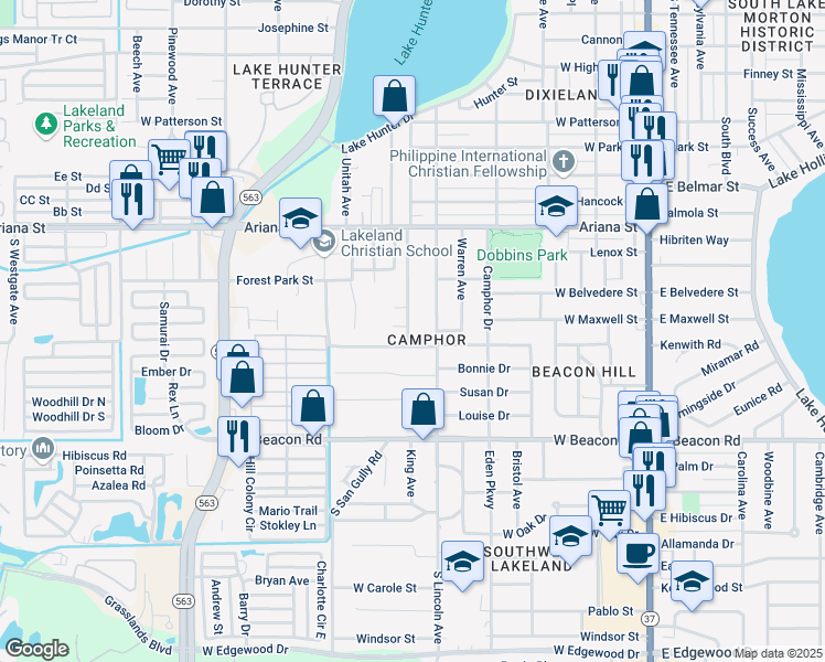 map of restaurants, bars, coffee shops, grocery stores, and more near 1710 King Avenue in Lakeland