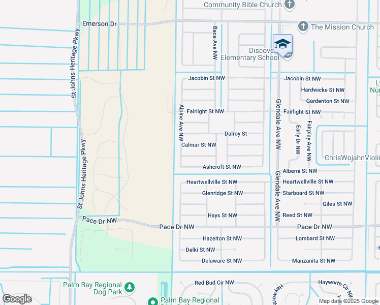 map of restaurants, bars, coffee shops, grocery stores, and more near 1861 Calmar Street Northwest in Palm Bay