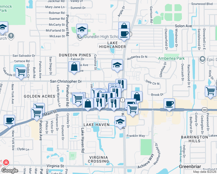 map of restaurants, bars, coffee shops, grocery stores, and more near 1501 San Christopher Drive in Dunedin
