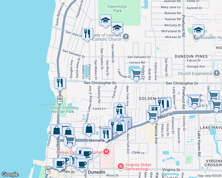 map of restaurants, bars, coffee shops, grocery stores, and more near 696 San Christopher Drive in Dunedin