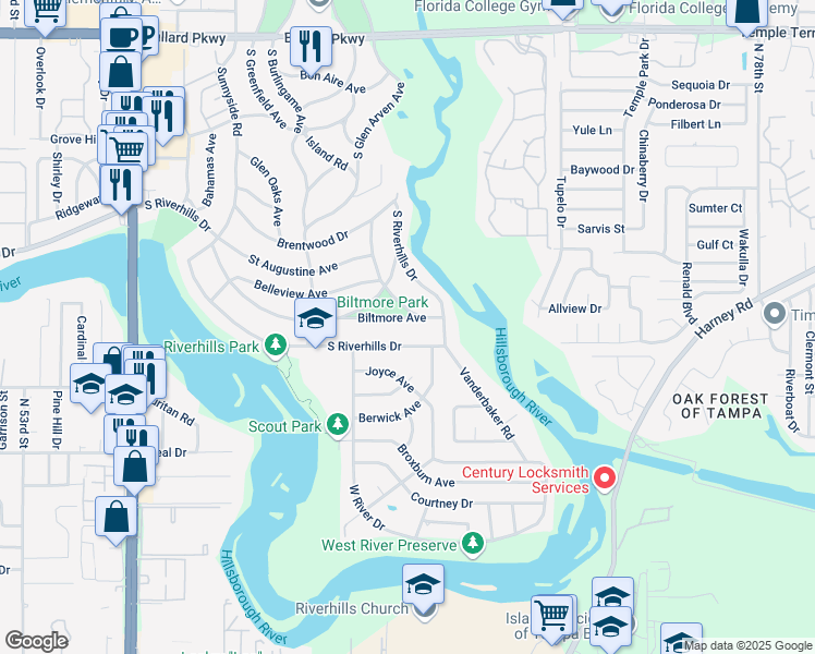 map of restaurants, bars, coffee shops, grocery stores, and more near 436 Pinehurst Avenue in Tampa