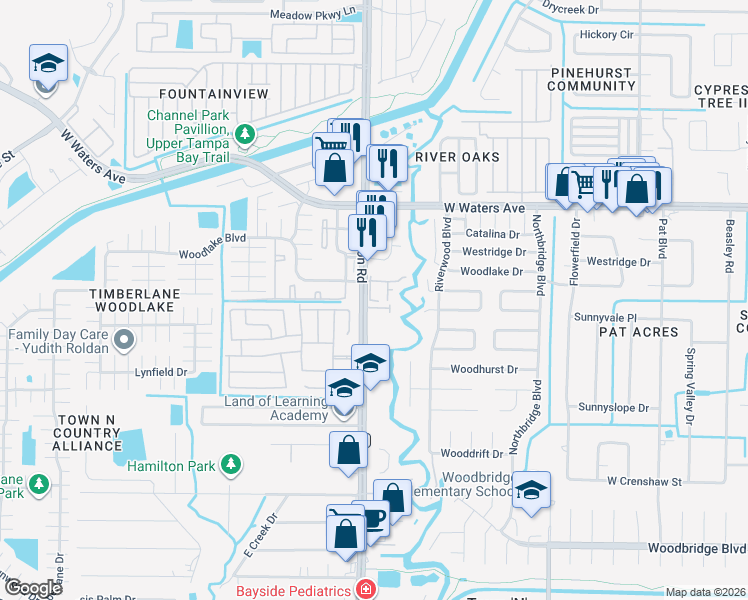 map of restaurants, bars, coffee shops, grocery stores, and more near 8125 Sheldon Road in Tampa