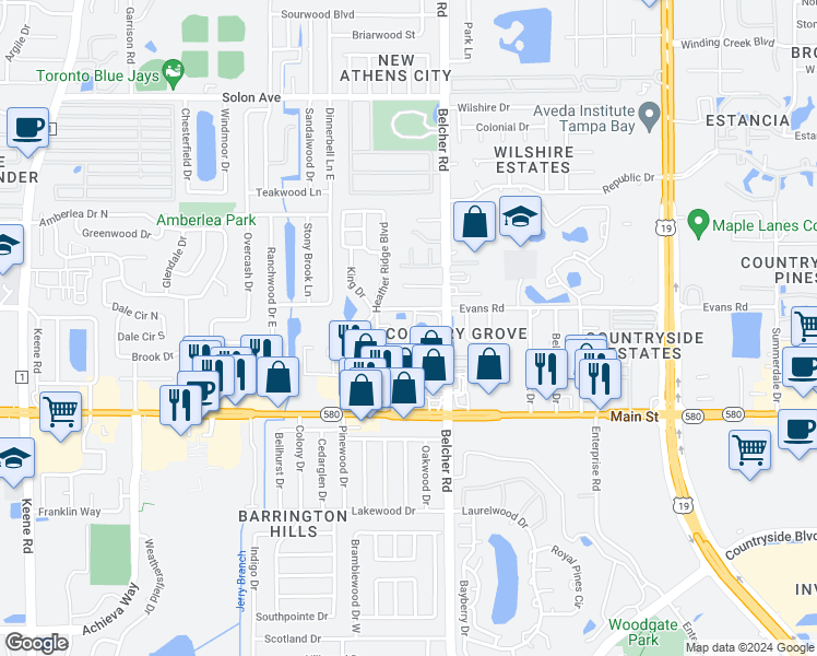 map of restaurants, bars, coffee shops, grocery stores, and more near 2119 Evans Road in Dunedin