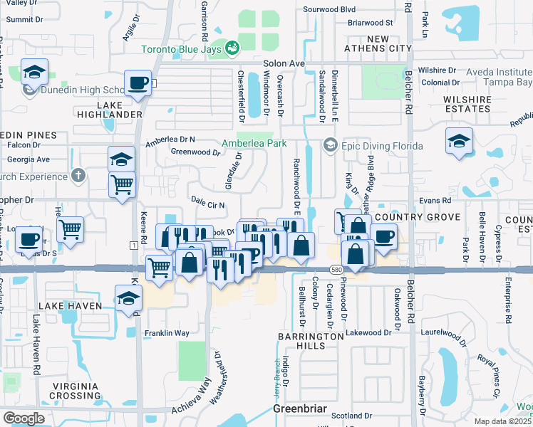 map of restaurants, bars, coffee shops, grocery stores, and more near 1200 Overcash Drive in Dunedin