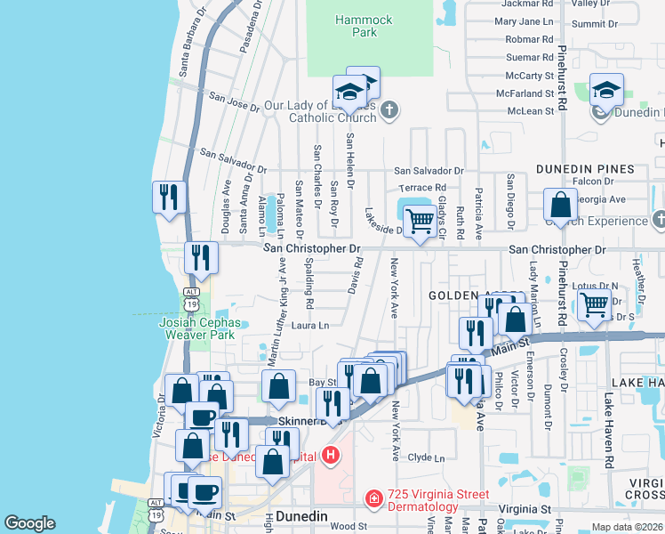map of restaurants, bars, coffee shops, grocery stores, and more near 600 San Christopher Drive in Dunedin
