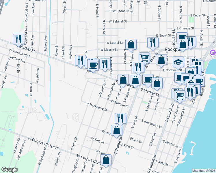map of restaurants, bars, coffee shops, grocery stores, and more near 501 West Market Street in Rockport