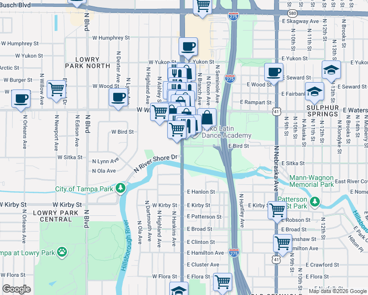 map of restaurants, bars, coffee shops, grocery stores, and more near 8219 North Florida Avenue in Tampa