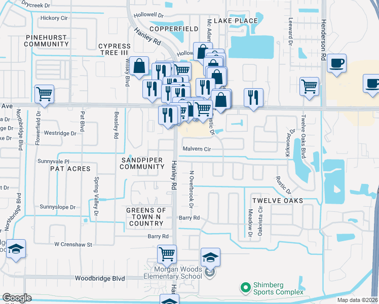 map of restaurants, bars, coffee shops, grocery stores, and more near 8239 Malvern Circle in Tampa