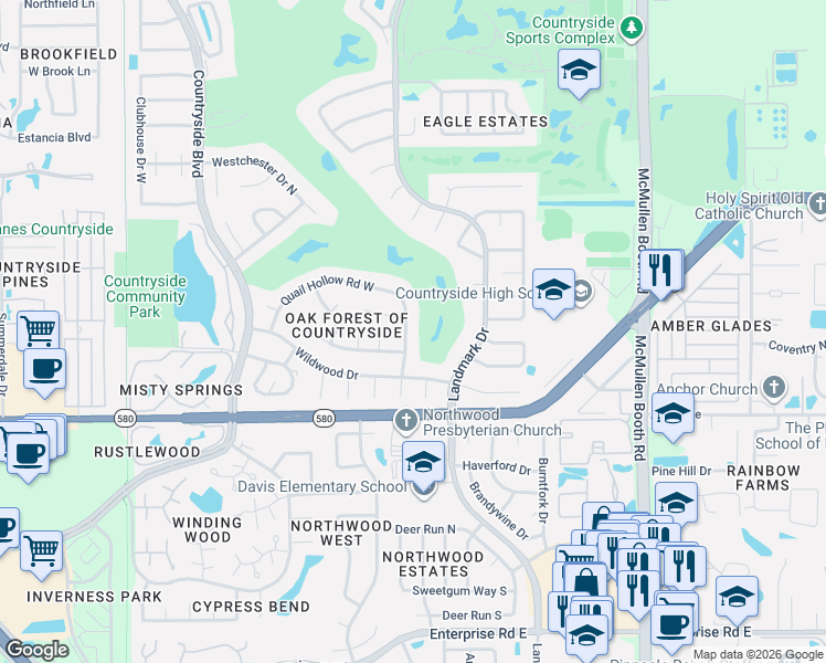 map of restaurants, bars, coffee shops, grocery stores, and more near 2787 Quail Hollow Road East in Clearwater