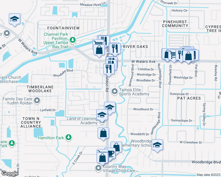 map of restaurants, bars, coffee shops, grocery stores, and more near 8125 Sheldon Road in Tampa