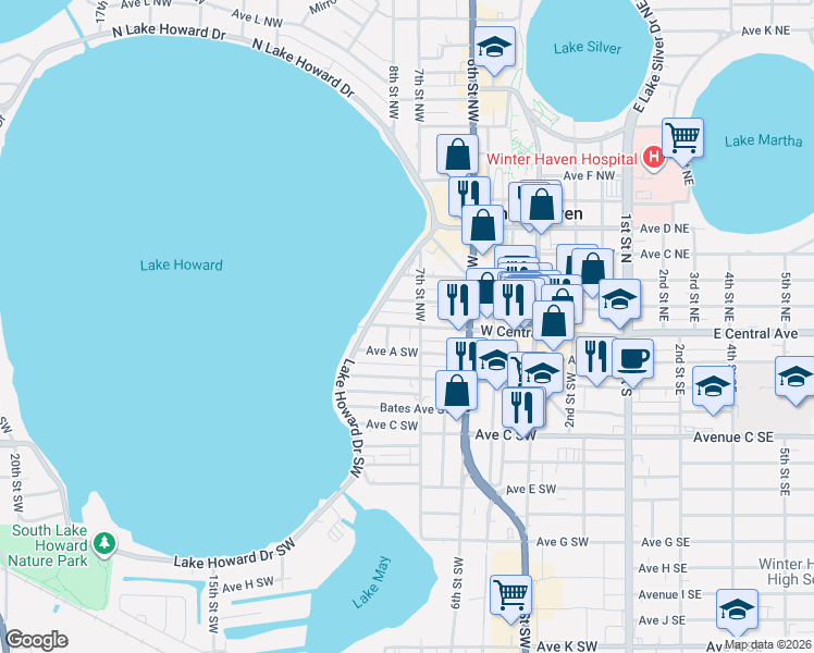 map of restaurants, bars, coffee shops, grocery stores, and more near 662 Avenue A Southwest in Winter Haven
