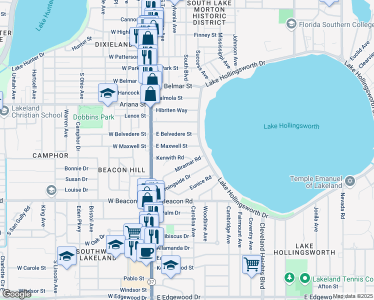 map of restaurants, bars, coffee shops, grocery stores, and more near 404 East Maxwell Street in Lakeland
