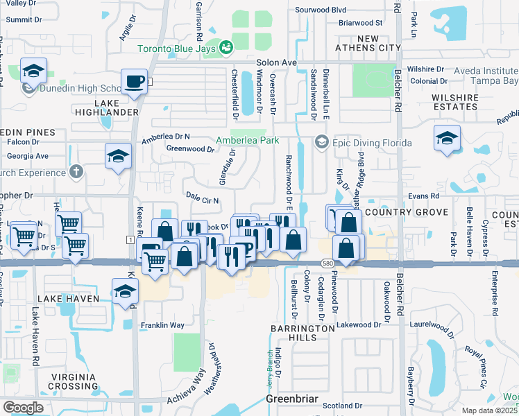 map of restaurants, bars, coffee shops, grocery stores, and more near 1200 Overcash Drive in Dunedin