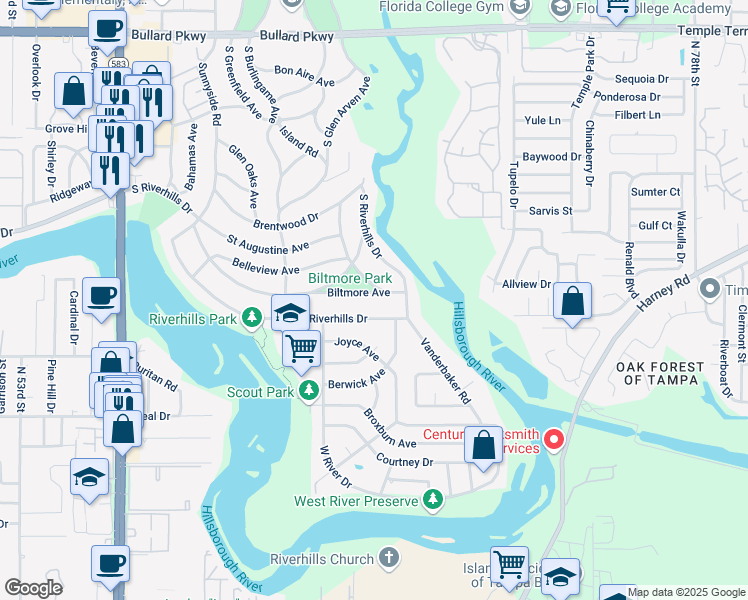 map of restaurants, bars, coffee shops, grocery stores, and more near 436 Pinehurst Avenue in Tampa