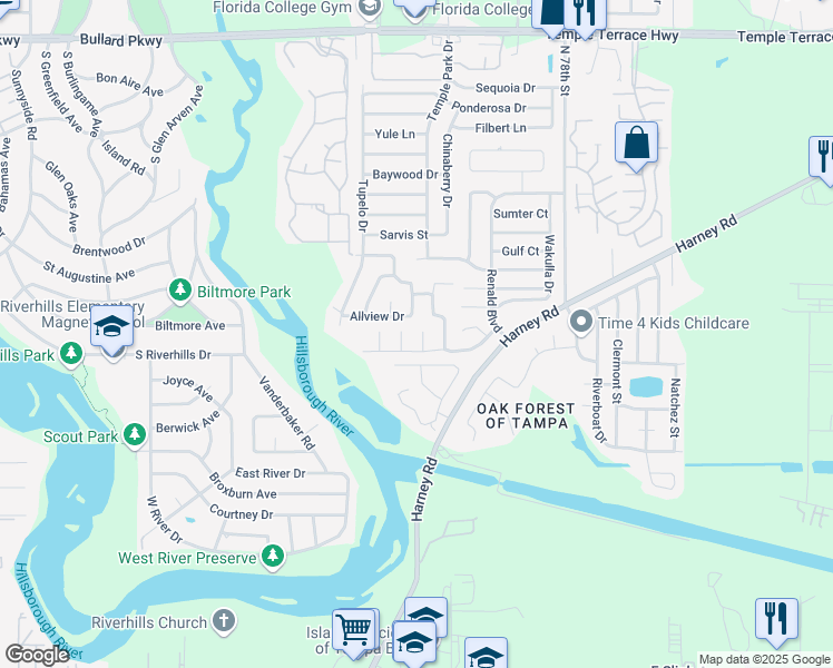 map of restaurants, bars, coffee shops, grocery stores, and more near 8208 Hardee Place in Tampa
