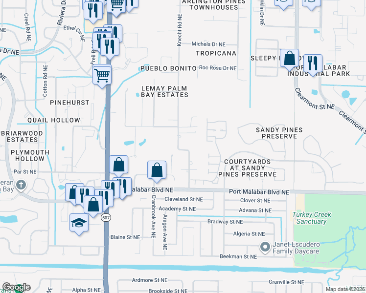 map of restaurants, bars, coffee shops, grocery stores, and more near 866 Knecht Road Northeast in Palm Bay