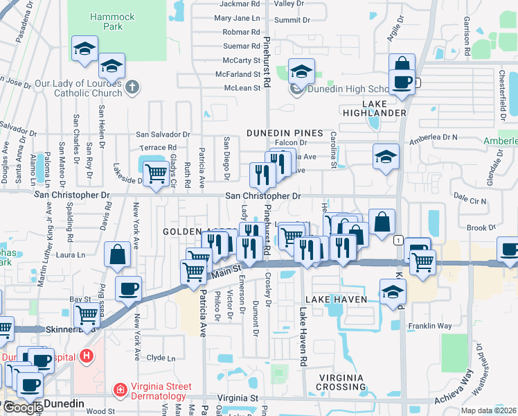 map of restaurants, bars, coffee shops, grocery stores, and more near in Dunedin