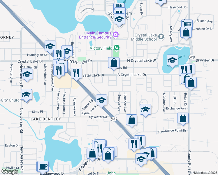 map of restaurants, bars, coffee shops, grocery stores, and more near 2111 Smithfield Circle South in Lakeland