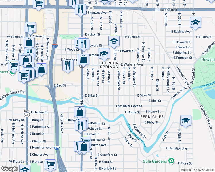 map of restaurants, bars, coffee shops, grocery stores, and more near 1105 East Bird Street in Tampa