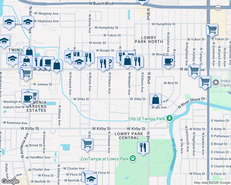 map of restaurants, bars, coffee shops, grocery stores, and more near 8207 North Orleans Avenue in Tampa