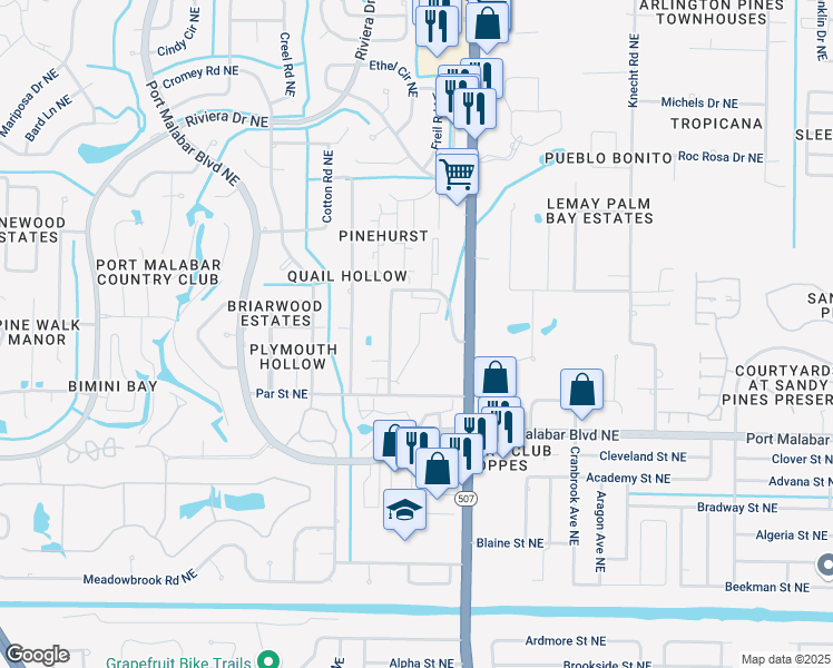 map of restaurants, bars, coffee shops, grocery stores, and more near 1690 Sunny Brook Lane in Palm Bay