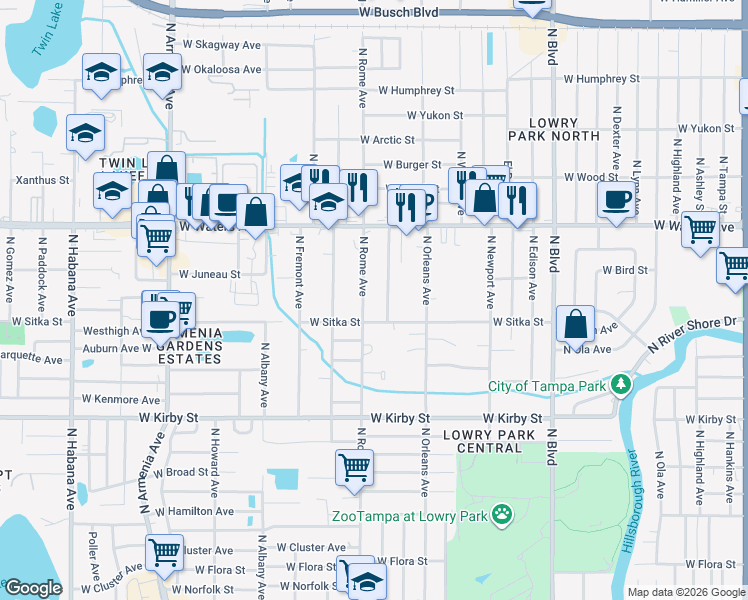 map of restaurants, bars, coffee shops, grocery stores, and more near 8120 North Rome Avenue in Tampa