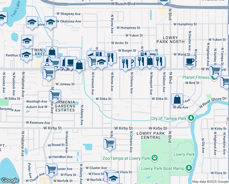 map of restaurants, bars, coffee shops, grocery stores, and more near 8120 North Rome Avenue in Tampa