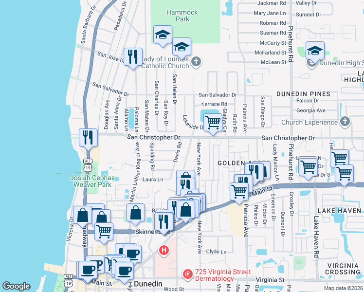 map of restaurants, bars, coffee shops, grocery stores, and more near 696 San Christopher Drive in Dunedin