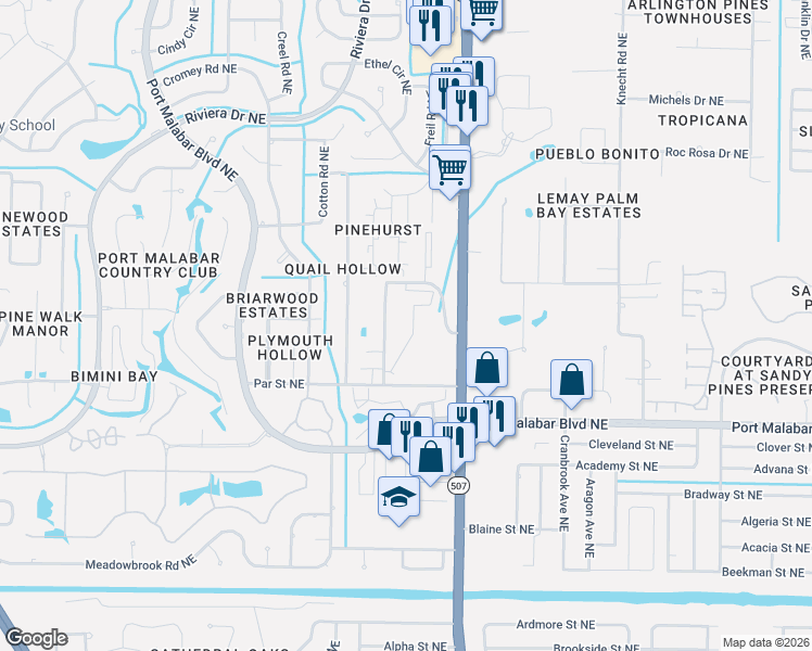 map of restaurants, bars, coffee shops, grocery stores, and more near 1608 Sunny Brook Lane in Palm Bay