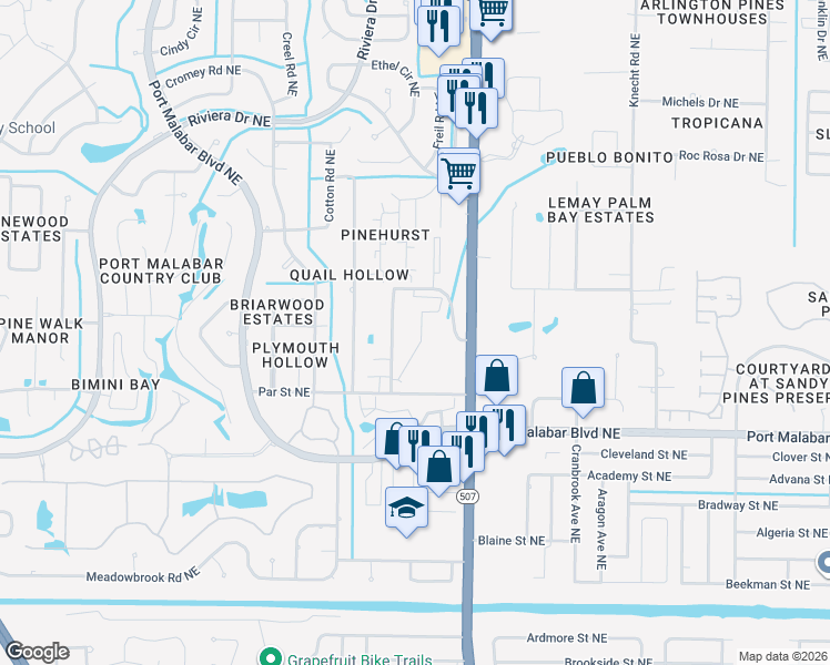 map of restaurants, bars, coffee shops, grocery stores, and more near 1608 Sunny Brook Lane in Palm Bay