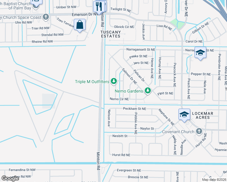map of restaurants, bars, coffee shops, grocery stores, and more near 956 Pellam Avenue Northeast in Palm Bay