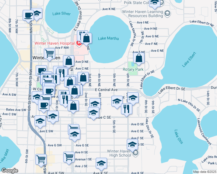 map of restaurants, bars, coffee shops, grocery stores, and more near 441 East Central Avenue in Winter Haven