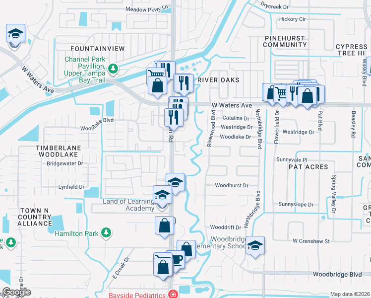 map of restaurants, bars, coffee shops, grocery stores, and more near 8125 Sheldon Road in Tampa