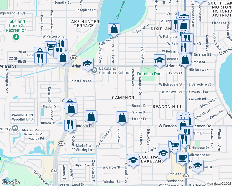 map of restaurants, bars, coffee shops, grocery stores, and more near 1701 King Avenue in Lakeland