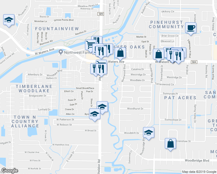 map of restaurants, bars, coffee shops, grocery stores, and more near 8125 Sheldon Road in Tampa