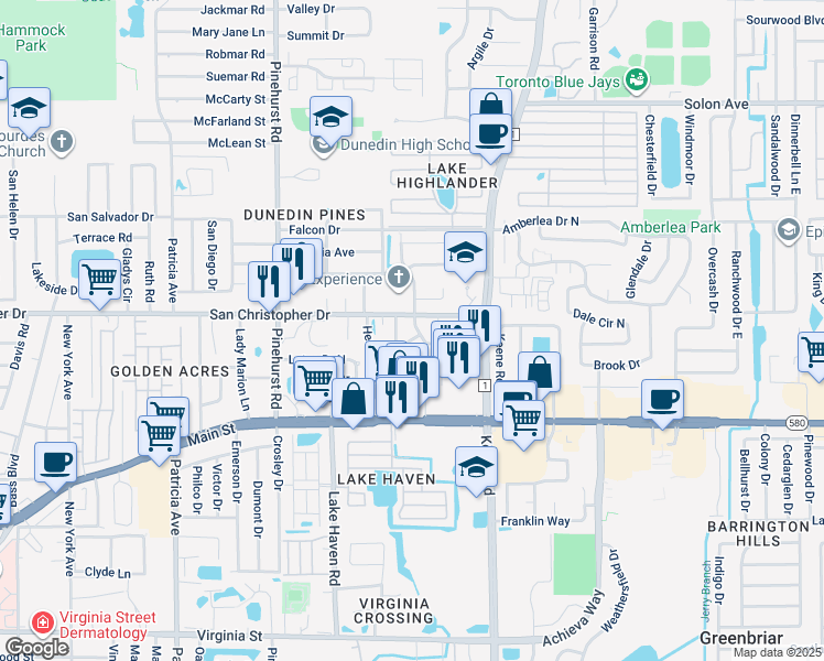 map of restaurants, bars, coffee shops, grocery stores, and more near 6 Azalea Drive in Dunedin
