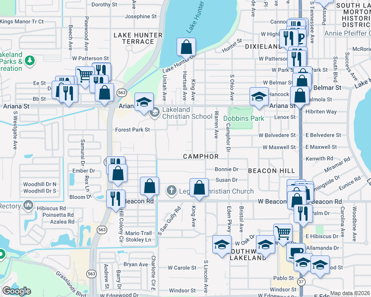 map of restaurants, bars, coffee shops, grocery stores, and more near 1710 Unitah Avenue in Lakeland