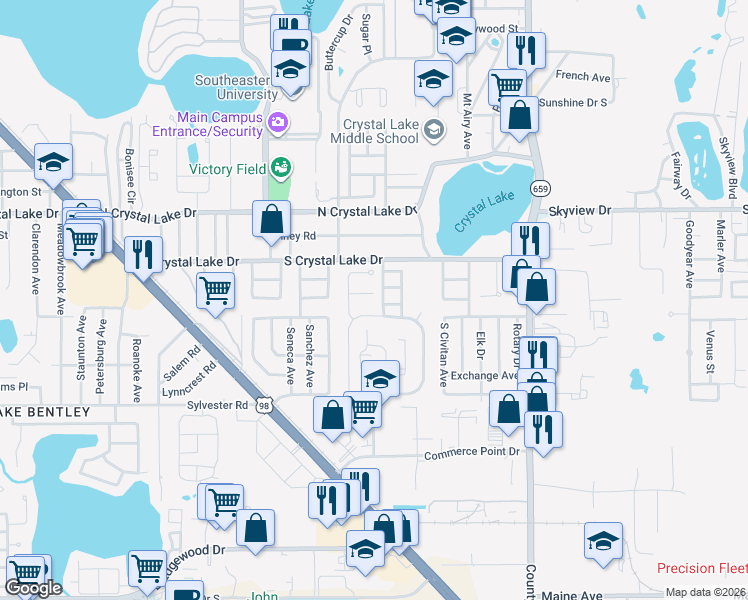 map of restaurants, bars, coffee shops, grocery stores, and more near 2289 Crystalview Court in Lakeland