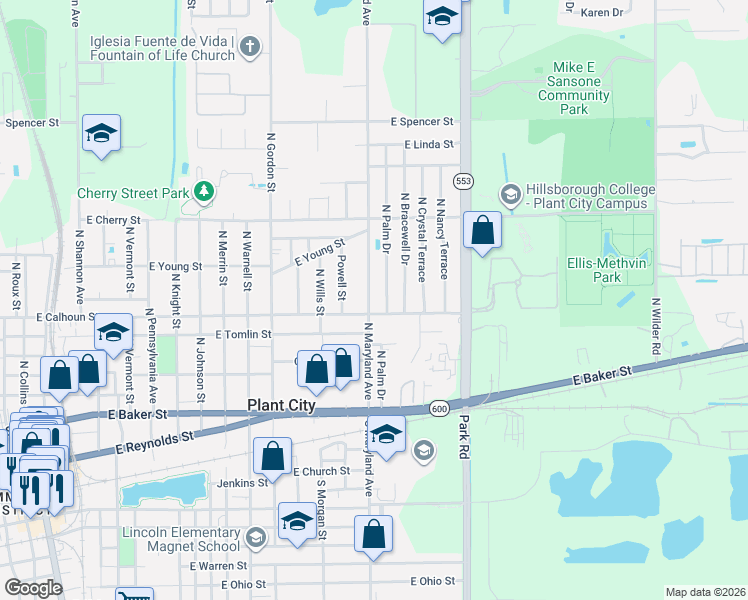 map of restaurants, bars, coffee shops, grocery stores, and more near 907 North Palm Drive in Plant City