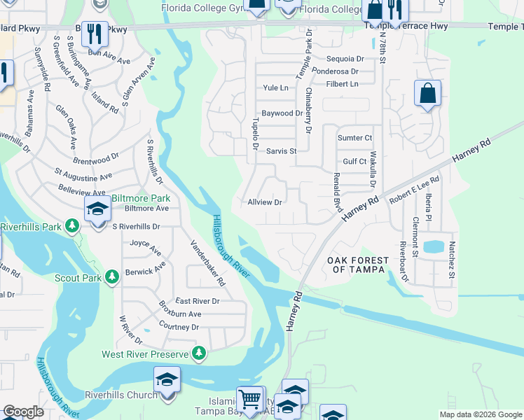 map of restaurants, bars, coffee shops, grocery stores, and more near 7017 Allview Drive in Tampa