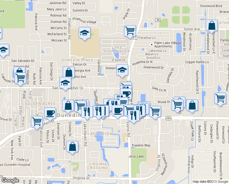 map of restaurants, bars, coffee shops, grocery stores, and more near 1501 San Christopher Drive in Dunedin
