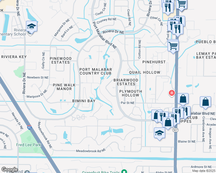 map of restaurants, bars, coffee shops, grocery stores, and more near 957 Waialae Circle Northeast in Palm Bay