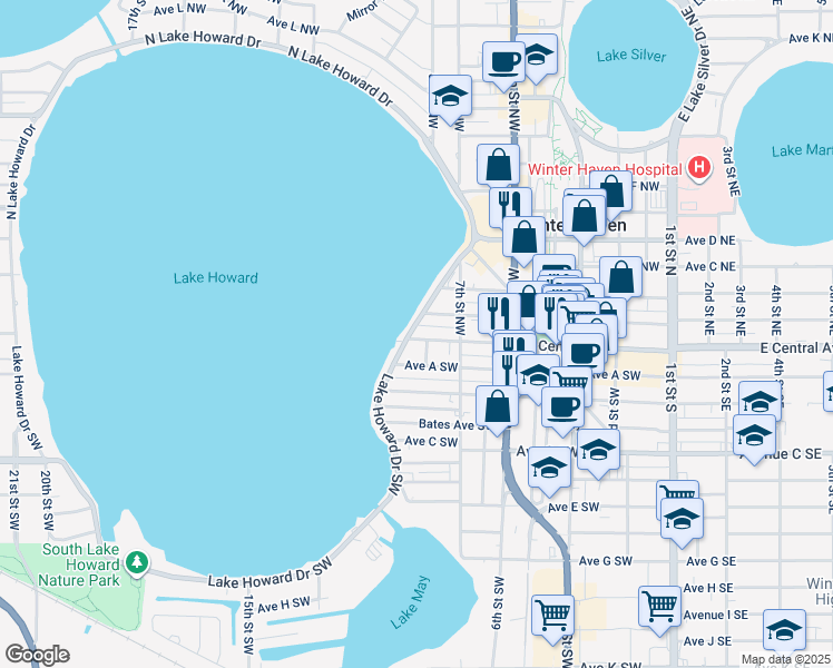 map of restaurants, bars, coffee shops, grocery stores, and more near 1 North Lake Howard Drive in Winter Haven