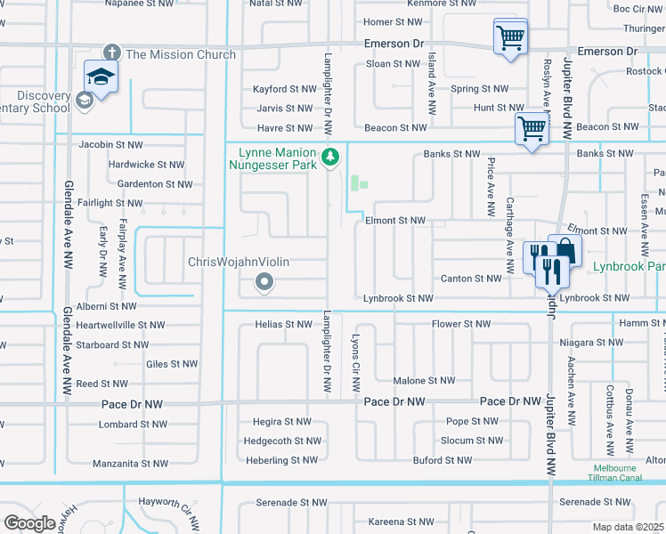 map of restaurants, bars, coffee shops, grocery stores, and more near 995 Lamplighter Drive Northwest in Palm Bay