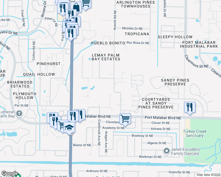 map of restaurants, bars, coffee shops, grocery stores, and more near 866 Knecht Road Northeast in Palm Bay