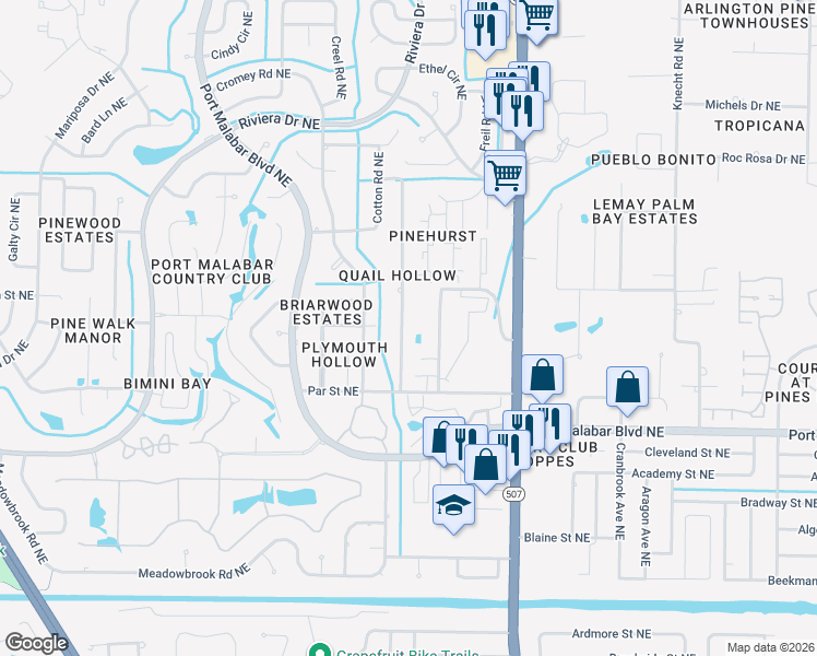 map of restaurants, bars, coffee shops, grocery stores, and more near 1007 Hooper Avenue Northeast in Palm Bay