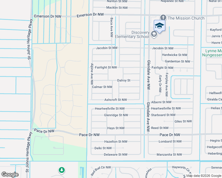 map of restaurants, bars, coffee shops, grocery stores, and more near 1801 Calmar Street Northwest in Palm Bay